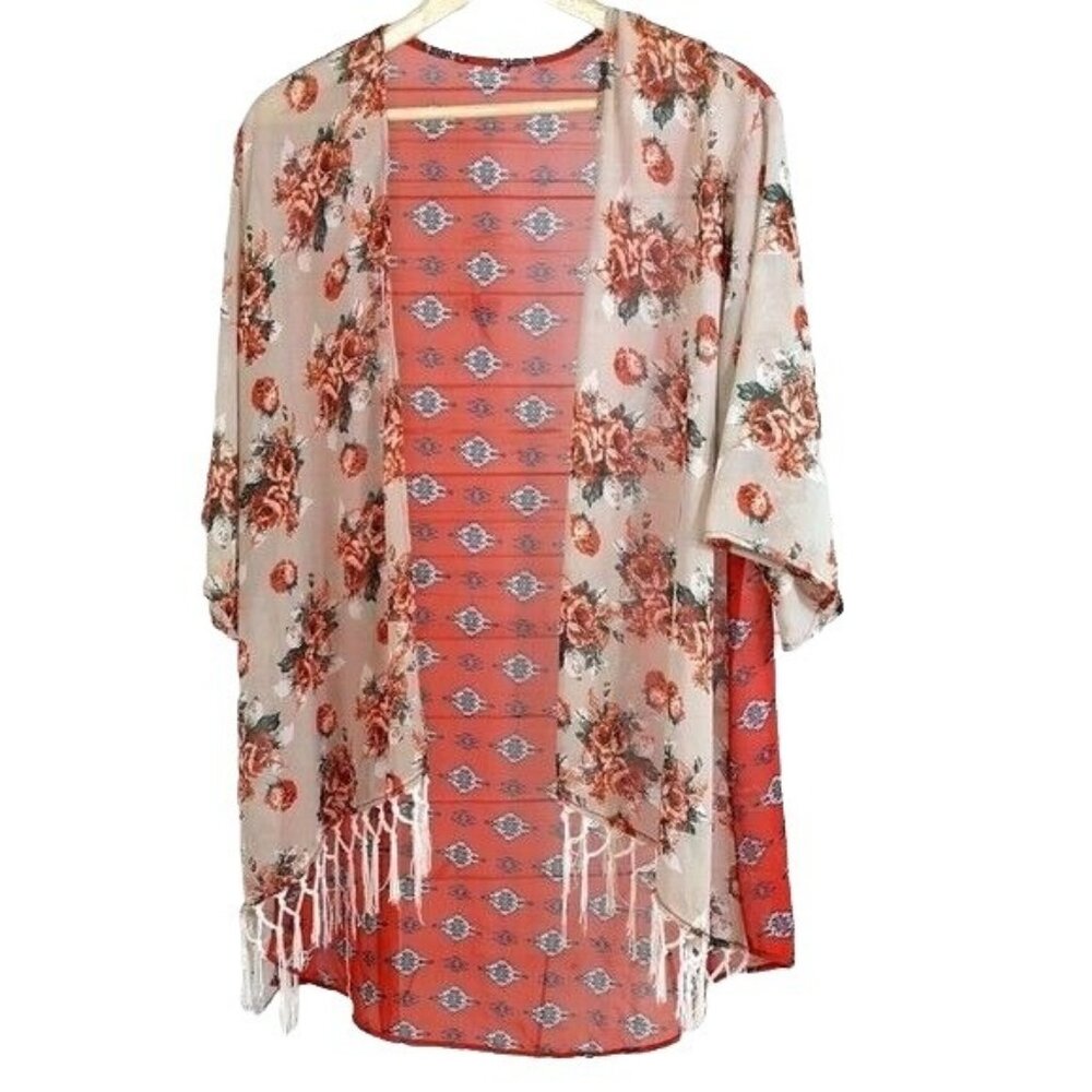 Tua Boho Kimono Top Orange Brown Small Fringe Wide Sleeves Open Sheer Floral